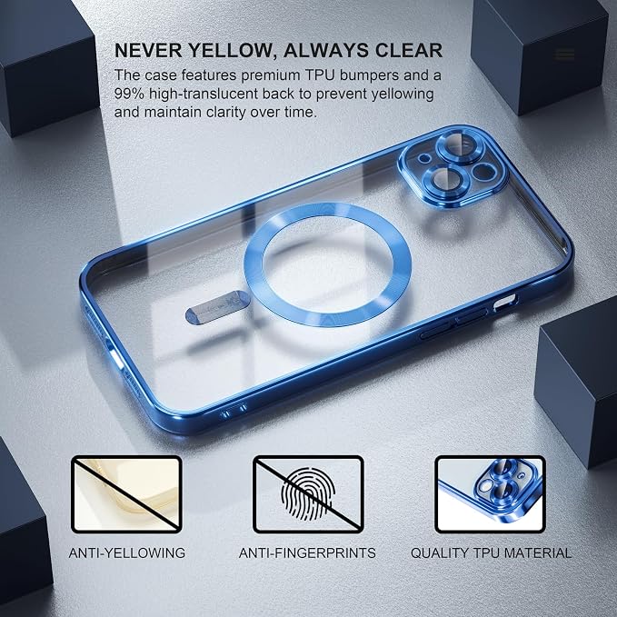 Misea Magnetic for iPhone 15 Plus Case Compatible with MagSafe [Never Yellowing] [Military Grade Drop Protection] Full Camera Lens Protector Plating Soft Clear Phone Case for Women, Deep Blue