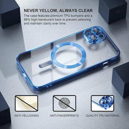 Misea Magnetic for iPhone 15 Plus Case Compatible with MagSafe [Never Yellowing] [Military Grade Drop Protection] Full Camera Lens Protector Plating Soft Clear Phone Case for Women, Deep Blue