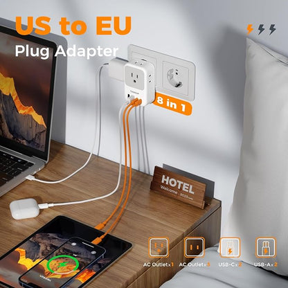 TESSAN European Travel Plug Adapter 2 Pack, PD 20W Adapter for Europe Plug with 4 AC Outlets 4 USB (2 USB C), Type C Adaptor for US to Europe, Italy, Spain, France, Portugal, Greece, Iceland, Germany