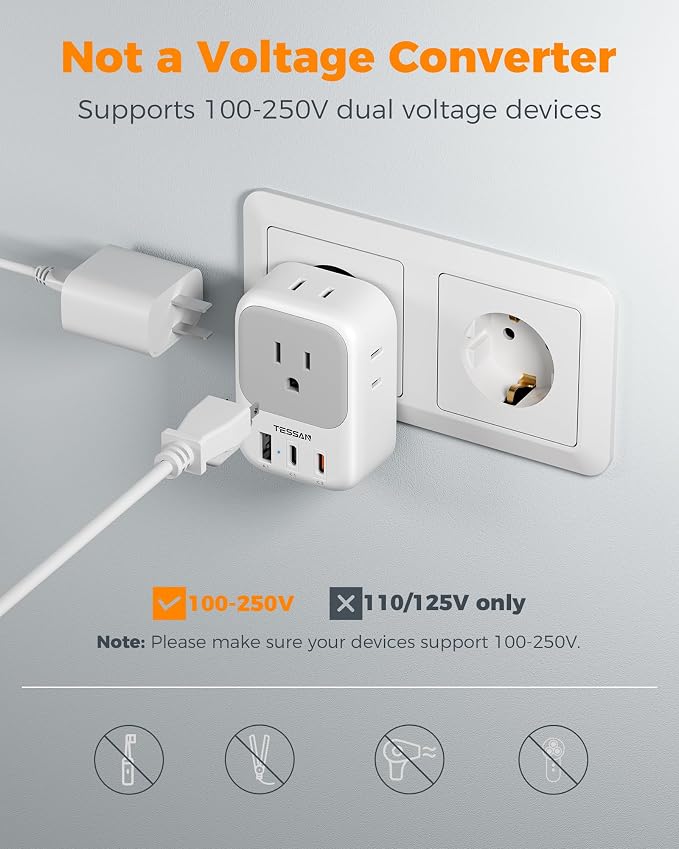 TESSAN 2 Pack European Travel Plug Adapter PD 20W, 3 USB Ports (2 USB C) | 4 American Outlets, No Voltage Conversion, Type C Plug Adapter, for Europe EU Euro Italy Spain France Greece Iceland Germany