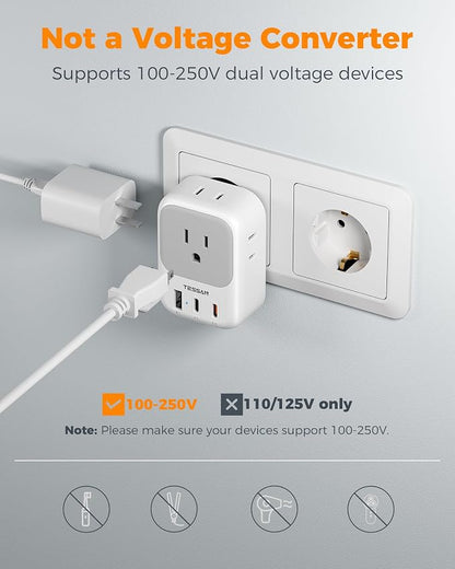 TESSAN 2 Pack European Travel Plug Adapter PD 20W, 3 USB Ports (2 USB C) | 4 American Outlets, No Voltage Conversion, Type C Plug Adapter, for Europe EU Euro Italy Spain France Greece Iceland Germany