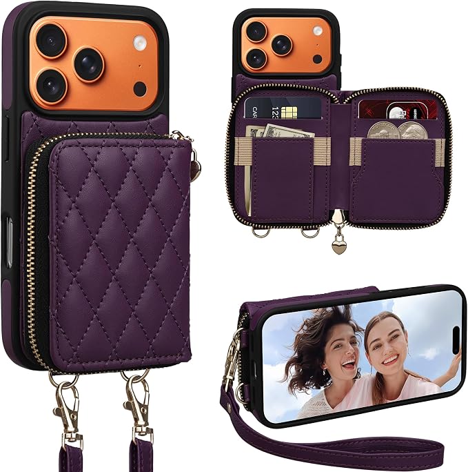 Keallce Case for iPhone 17 Pro 6.3'' Wallet Case, Crossbody Zipper Purse with Wrist Strap Lanyard Handbag, RFID Blocking Card Holders, Kickstand Flip Leather Cover for iPhone 17 Pro, Darkpurple