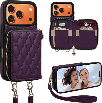 Keallce Case for iPhone 17 Pro 6.3'' Wallet Case, Crossbody Zipper Purse with Wrist Strap Lanyard Handbag, RFID Blocking Card Holders, Kickstand Flip Leather Cover for iPhone 17 Pro, Darkpurple