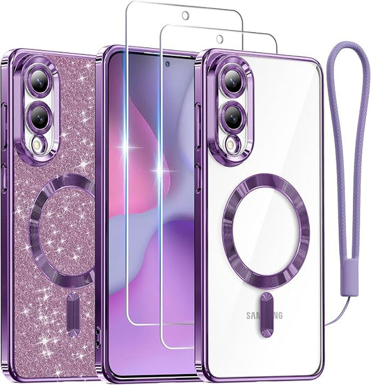 Meifigno Designed for Samsung Galaxy S25 Edge Case, [Compatible with MagSafe] [2X Screen Protectors] [Glitter Card & Wrist Strap] Surround Raised Lens Protection Slim Case for S25 Edge 6.7", Purple