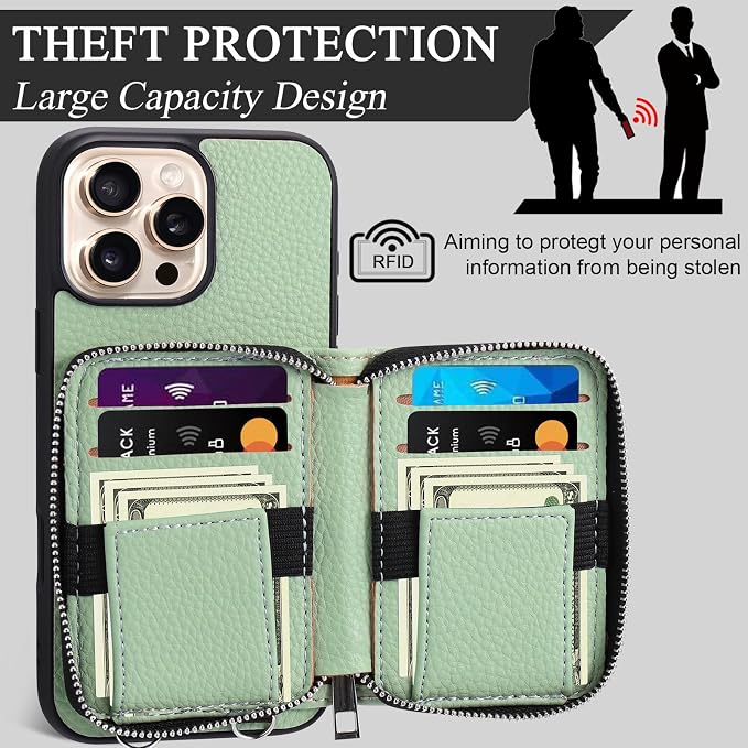 XANGNIER Wallet Case for iPhone 16 Pro, RFID Blocking PU Leather Crossbody Phone Purse with Card Holder, Zipper Pocket, Wrist Strap & Adjustable Lanyard for Women 6.3" 5G, Green