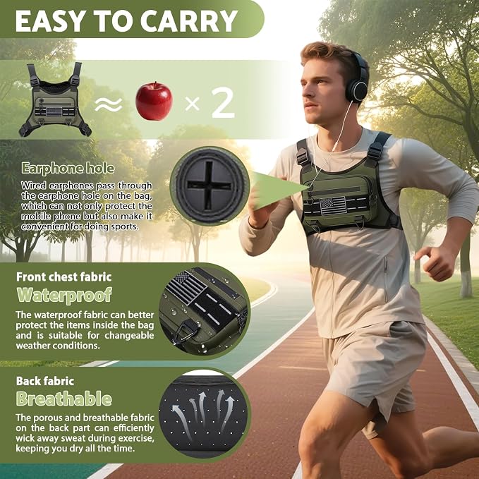 Muserise Sports Chest Bag For Men Women, Water Resistant Lightweight Front Chest Pack, Running Vest Bag With Built-In Phone Holder & Extra Storage For Workouts, Running, Cycling (Olive)