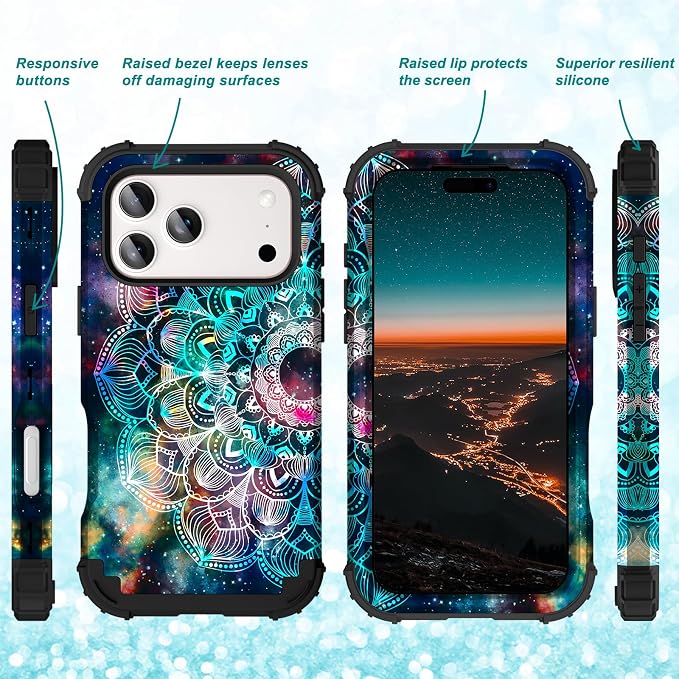Hocase for iPhone 17 Pro Max Case, Heavy Duty Shockproof Protection Soft Silicone Rubber+Hard Plastic Bumpers Hybrid Protective Case for iPhone 17 Pro Max 2025 - Mandala in Galaxy