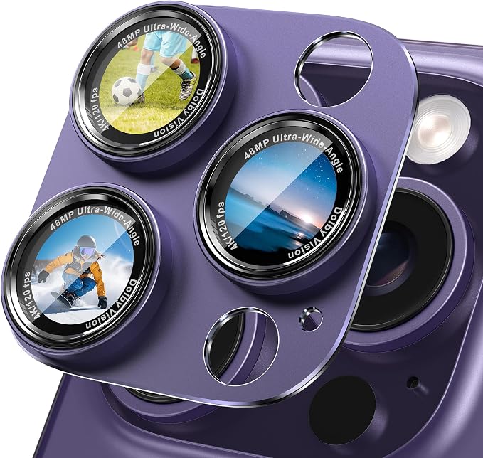 CACOE Camera Lens Protector for iPhone 14 Pro/14 Pro Max/16 Pro/16 Pro Max - Metal Frame Tempered Glass Cover, [Anti-Scratch] [Drop-Proof][Strong-Adhesion] Camera Screen Cover(Dark Purple)