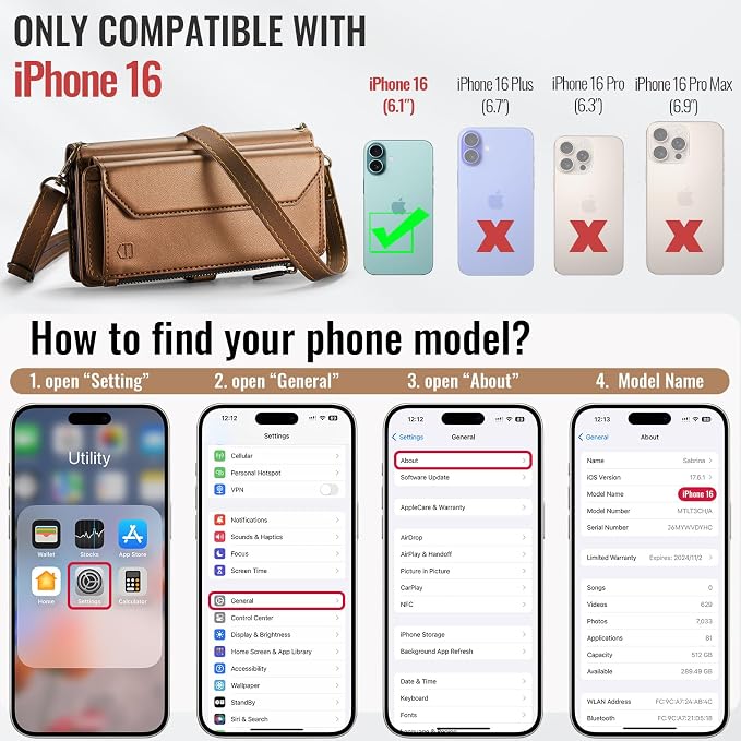 Strapurs Wallet Case Compatible with iPhone 16 6.1" RFID Blocking 7-Card Holder Soft PU Leather Magnetic Snap Shoulder Strap Zipper Pocket Phone Case Fit for iPhone 16 for Women - Brown