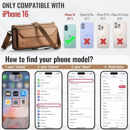 Strapurs Wallet Case Compatible with iPhone 16 6.1" RFID Blocking 7-Card Holder Soft PU Leather Magnetic Snap Shoulder Strap Zipper Pocket Phone Case Fit for iPhone 16 for Women - Brown