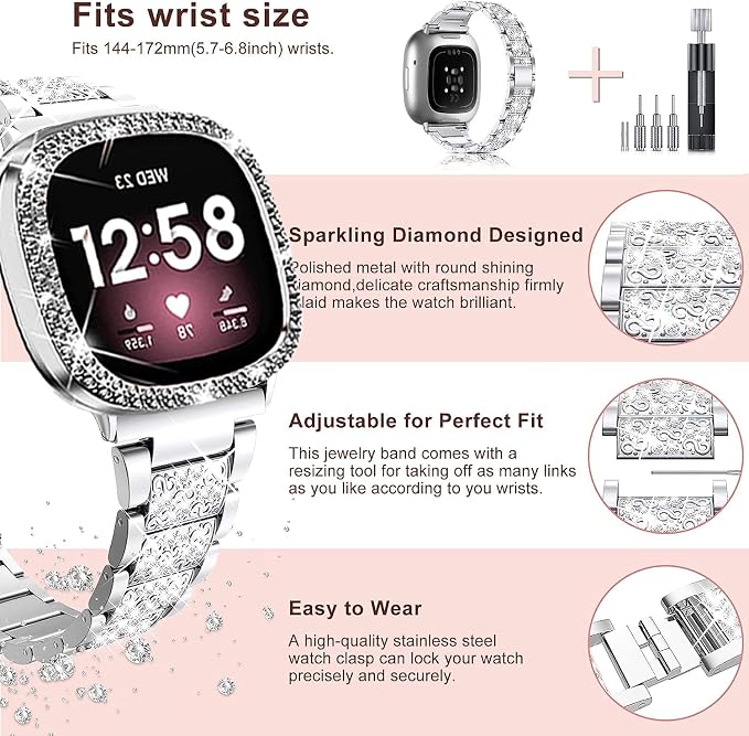 Compatible with Fitbit Versa 4/Sense 2 with Case Women, Jewelry Replacement Metal Wristband Strap with Bling PC Protective Cover for Fitbit Versa 3/Sense (Fitbit Versa 3/Sense, Silver)