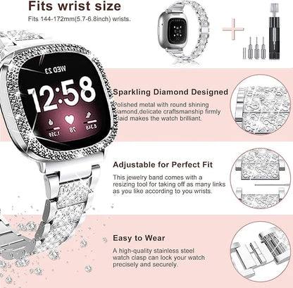 Compatible with Fitbit Versa 4/Sense 2 with Case Women, Jewelry Replacement Metal Wristband Strap with Bling PC Protective Cover for Fitbit Versa 3/Sense (Fitbit Versa 3/Sense, Silver)