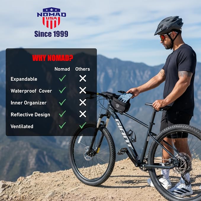 Nomad USA Bicycle Bag, Expandable Bike Tool Pouch Front Frame/Handlebar Bag, Touch Screen Waterproof Cycling Phone Fits All iPhones, Galaxy S25, Pixel Pro, Reflective Top Tube Bag for Bike Accessories