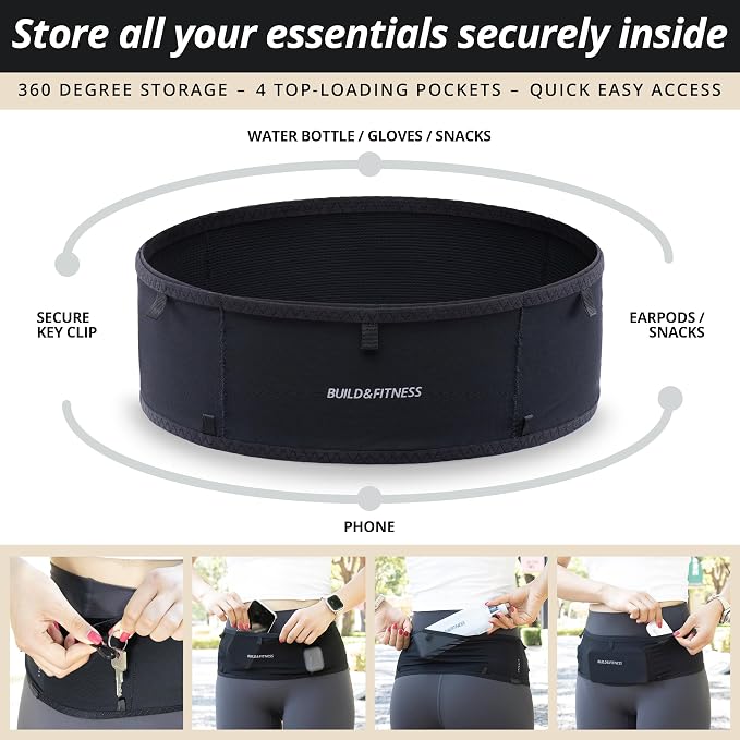 Build & Fitness LiteBelt Running Belt – 4 Quick Top-Access Pockets –Flip Waist Pack, Running Phone Holder – Fits All Size Phones, Keys, Cards, Earpods, GUs – for Men and Women (Black, M)