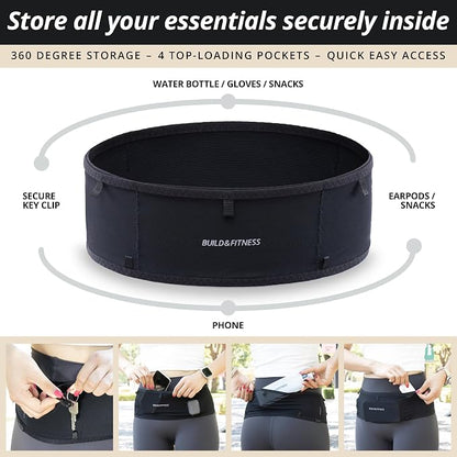 Build & Fitness LiteBelt Running Belt – 4 Quick Top-Access Pockets –Flip Waist Pack, Running Phone Holder – Fits All Size Phones, Keys, Cards, Earpods, GUs – for Men and Women (Black, M)