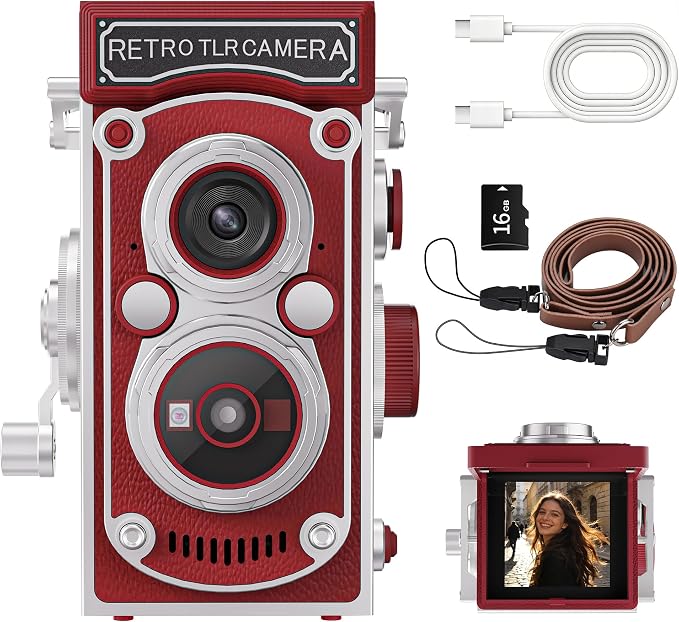 Mini Retro TLR Digital Camera, Portable 24MP 1080P FHD Vintage Point and Shoot Pocket Travel Camera with Twin Lens, Autofocus, 16X Digital Zoom, 16GB Card, for Beginners, Teens & Adults - Red