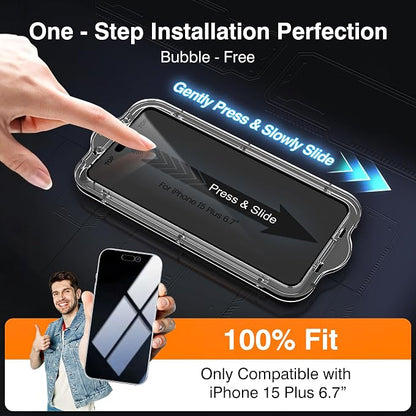 EZ-GLAZ- 4 Pack for iPhone 15 Plus Privacy Screen Protector [6.7"] With 2 Pack Camera Lens Protector, 9H+ Hardness 12FT Military Grade Shatterproof Scratch Resistant Durable Tempered Glass Film with Flawless Fit Kit