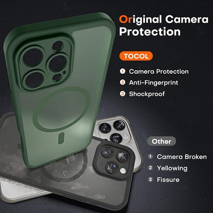 TOCOL for Phone 16 Pro Case, Compatible with Magsafe Charger, Full Camera Protection, Drop Protection, Translucent Matte Phone Case for iPhone 16 Pro 6.3 inch (Alpine Green)