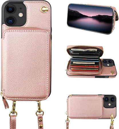 Bocasal Crossbody Wallet Case for iPhone 12/12 Pro, RFID Blocking Leather Purse Case with Card Holder, Protective Handbag Flip Cover with Zipper Wrist Strap Lanyard for Women 5G 6.1 Inch (Rose Gold)