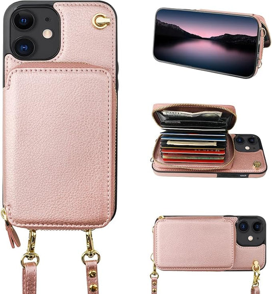 Bocasal Crossbody Wallet Case for iPhone 12/12 Pro, RFID Blocking Leather Purse Case with Card Holder, Protective Handbag Flip Cover with Zipper Wrist Strap Lanyard for Women 5G 6.1 Inch (Rose Gold)