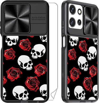 for Motorola Moto G 5G 2025 Case with Red Rose Skull, Metal Slide Camera Cover, Screen Protector, Anti-Peeping Privacy Safeguard, Camera Lens Protector Phone Case for Moto G 5G 2025