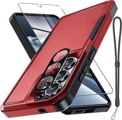 for Samsung Galaxy S26 Ultra Case with Screen Protector+Camera Lens Cover,Military Grade Heavy Duty Shockproof Phone Cover with Wrist Lanyard Strap for Samsung S26Ultra,Red
