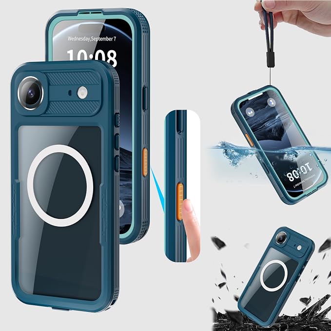 Guppy for iPhone 17 Air Magnetic Waterproof Case, Built-in Screen Protector [IP68 Waterproof][14FT Military Drop Proof] 360° Full Body Protection Dustproof Shockproof Heavy Duty Rugged Case, Cyan