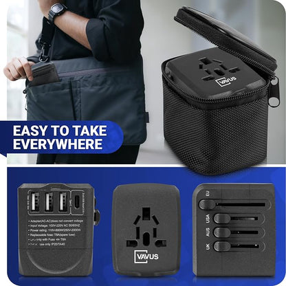 Universal International Travel Power Adapter W/High Speed 2.4A USB, 3.0A Type-C Wall Charger, European Adapter, Worldwide AC Outlet Plugs Adapters for Europe, UK, US, AU, Asia (Black)