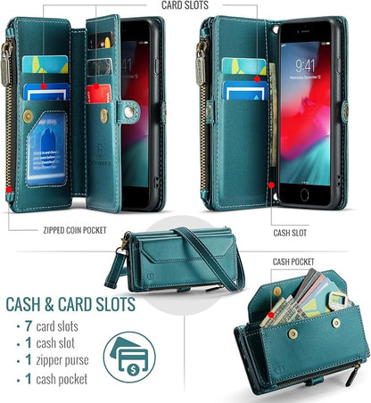 Strapurs Crossbody Wallet Case Compatible with iPhone SE/7/8 RFID Blocking 7-Card Holder Soft PU Leather Magnetic Snap Shoulder Strap Zipper Pocket Phone Cases Fit for iPhone SE 2020 2022 - Blue Green