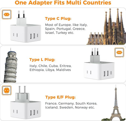 TESSAN All European Italy Travel Plug Adapter Kit | International Detachable, 3 Outlet 3 USB Ports (1 USB C), Type C/E/F/L EU Power Adaptor, US to France Germany Spain Greece