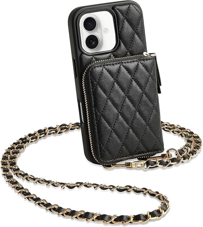 LAMEEKU for iPhone 17 Wallet Case with Strap, Card Holder Quilted Crossbody Leather Zipper Cover for Women 6.3'' Black
