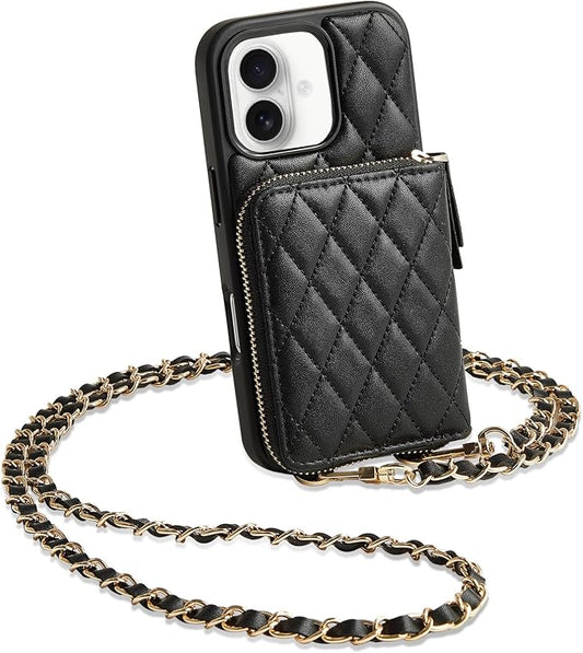 LAMEEKU for iPhone 17 Wallet Case with Strap, Card Holder Quilted Crossbody Leather Zipper Cover for Women 6.3'' Black