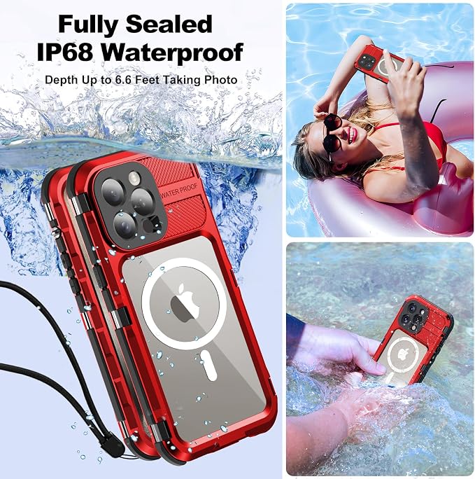 WIFORT for iPhone 15 Pro Max Waterproof Case - Metal Shockproof Phone Case Built-in Screen Protector [IP68 Water Proof][14FT Military Grade ], Heavy Duty Full Body Drop Protection Cover, 6.7" Red