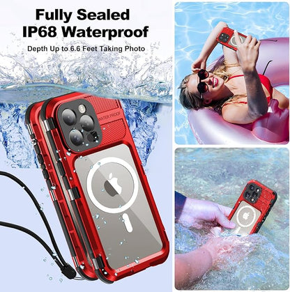 WIFORT for iPhone 15 Pro Max Waterproof Case - Metal Shockproof Phone Case Built-in Screen Protector [IP68 Water Proof][14FT Military Grade ], Heavy Duty Full Body Drop Protection Cover, 6.7" Red