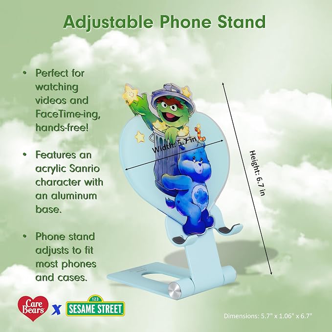 Sonix Character Phone Stand | Adjustable Cell Phone Holder, Desk Stand, Dock | Care Bears x Sesame Street Blue | Grumpy Bear & Oscar the Grouch