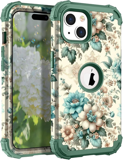 Hocase for iPhone 15 Case, Heavy Duty Shockproof Protection Soft Silicone Rubber Bumper+Hard Plastic Hybrid Protective Case for iPhone 15 (6.1" Display) 2023 - Teal Blue Flowers