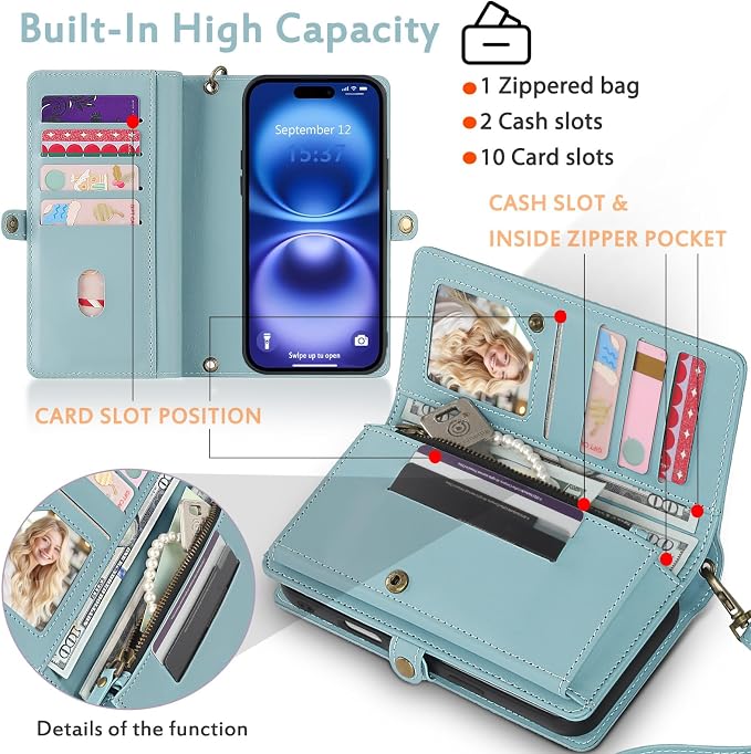 for Wallet Case Compatible with iPhone 16,Multi-Function Detachable 2 in 1 Magnetic iPhone 16 Case Wallet,Flip Strap Zipper Card Holder Phone Case with Shoulder Straps (Blue)