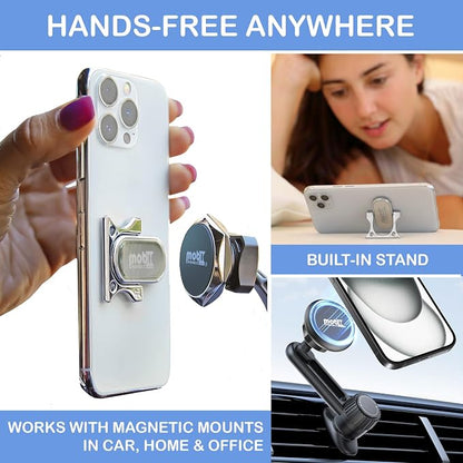 Patented 3-Finger Phone Grip & Stand - Comfortable & Secure Loop Holder for iPhone & Android - Ultra-Slim Zinc Alloy - Magnetic Mount Ready - Cell Phone Ring Alternative [Silver Chrome]