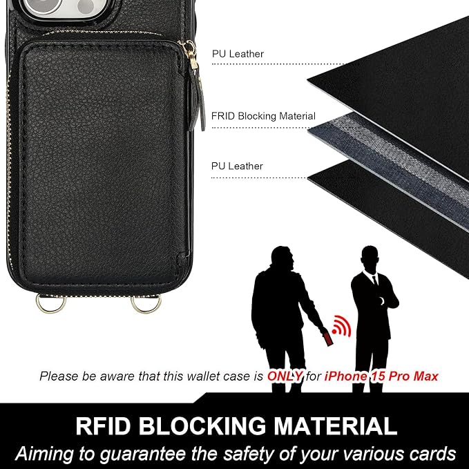 Bocasal for MagSafe Crossbody Wallet Case Compatible with iPhone 15 Pro Max, RFID Blocking Protective Purse Case with Card Slots Holder Kickstand Wrist Strap Lanyard Zipper 6.7 Inch 5G (Black)