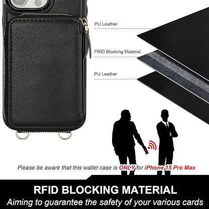 Bocasal for MagSafe Crossbody Wallet Case Compatible with iPhone 15 Pro Max, RFID Blocking Protective Purse Case with Card Slots Holder Kickstand Wrist Strap Lanyard Zipper 6.7 Inch 5G (Black)