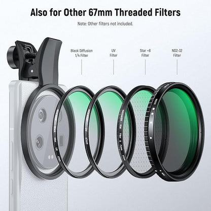 NEEWER 67mm 7 Pack ND Filter Set Compatible with Android Samsung Google Pixel Huawei Xiaomi Clip On CPL+ ND32 + Starlight + GND (Red/Orange/Yellow/Blue) Camera Lens Photography Accessories Kit, FL-P11