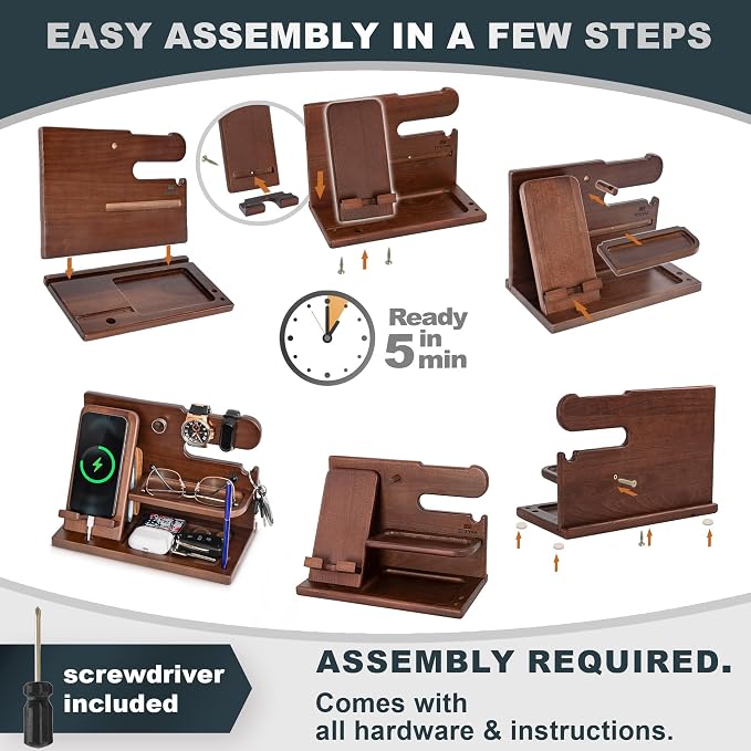 TESLYAR Wood Phone Docking Station for Men - Desk or Nightstand Organizer - Birthday Gifts for Husband or Dad - Anniversary Idea from Wife - Key Holder - Stand Wallet, Watch & Essentials (Chestnut)