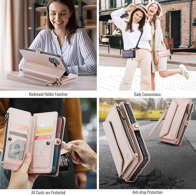 Strapurs Wallet Case Compatible with iPhone 16 6.1" RFID Blocking 7-Card Holder Soft PU Leather Magnetic Snap Shoulder Strap Zipper Pocket Phone Case Fit for iPhone 16 for Women - Rose Gold