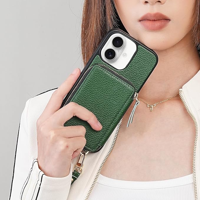 ZVE for iPhone 16 Wallet Case, Leather Crossbody Phone Purse Case with Card Holder, Protective Flip Case for iPhone 16 6.1" Dark Green