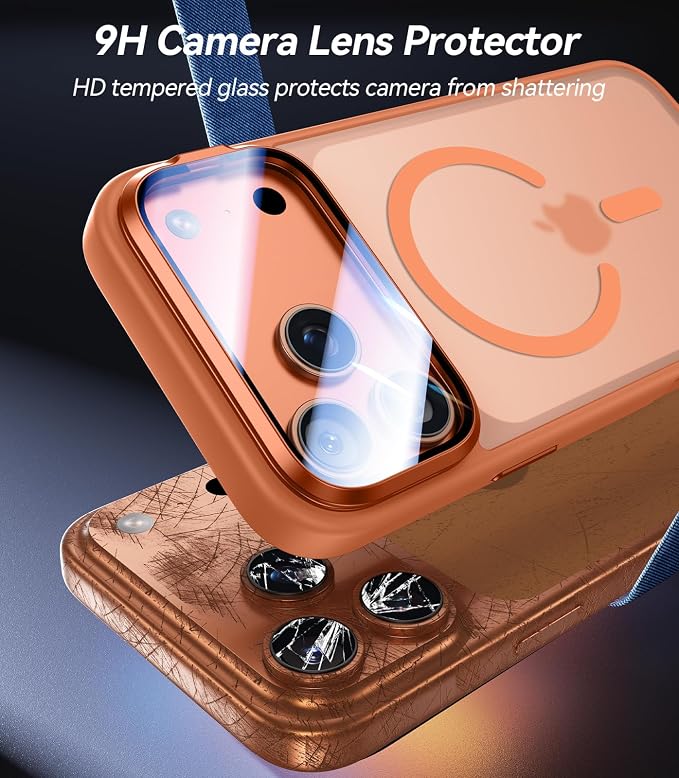 [Upgraded Full Camera Protection] for iPhone 17 Pro Max Case with Camera Cover Stand [Fit for MagSafe][10FT Mil-Grade Protection] Translucent Magnetic iPhone 17 Pro Max Phone Case, Orange