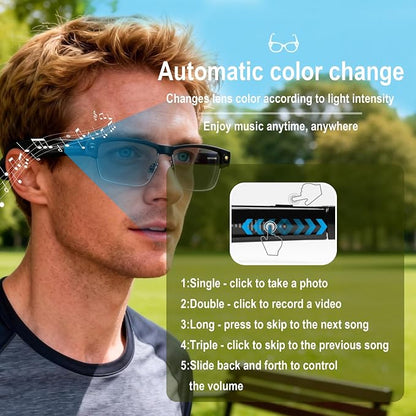 AI Smart Glasses with Camera, 8MP HD Video Recording, Real-Time Translation, Voice Assistant, camera glasses,ai glasses,Open-Ear Audio, Metal Frame, Auto Color-Changing Lenses for Travel & Vlogging