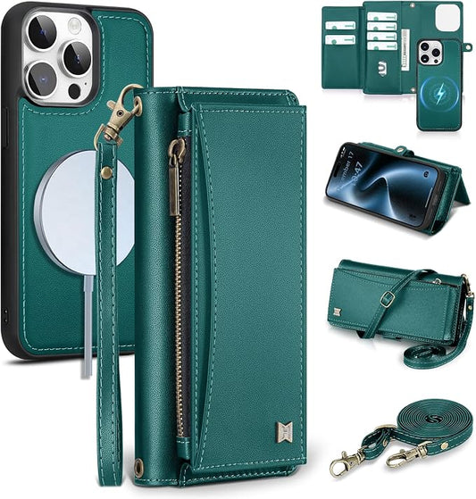 Wallet Case for iPhone 15 Pro Max with Card Holder/Crossbody Wallet/Strap| RFID Blocking | Magnetic | Kickstand | Detachable | PU Leather Phone Case for iPhone 15 Pro Max,6.7 in,Green