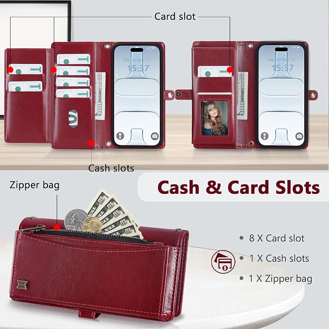 Wallet Case for iPhone Air with Card Holder/Crossbody Wallet/Strap,[RFID Blocking][Magnetic] PU Leather Phone Case for iPhone Air,6.5 in,Wine Red