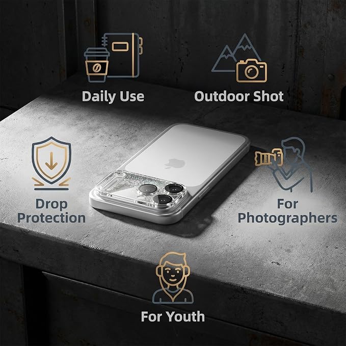 HANKN Quicksand Lens for iPhone 17 Pro Camera Lens Tempered Glass Protector, Ultra HD Clear 9H Hardness Anti-Scrach Dynamic Liquid Glitter Sand Cute Cover Strong Adsorption Case Friendly (Silver, iPhone 17 Pro)