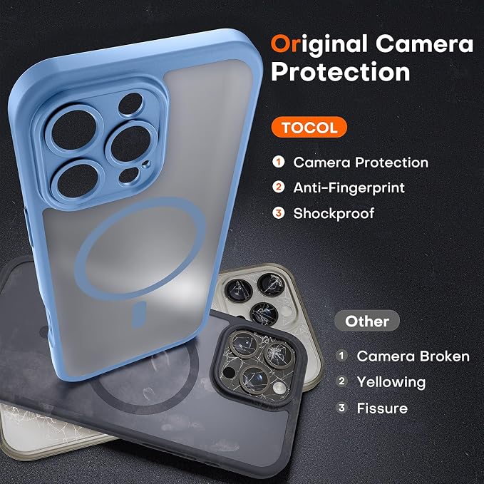 TOCOL for Phone 16 Pro Case, Compatible with Magsafe Charger, Full Camera Protection, Drop Protection, Translucent Matte Phone Case for iPhone 16 Pro 6.3 inch (Light Blue)
